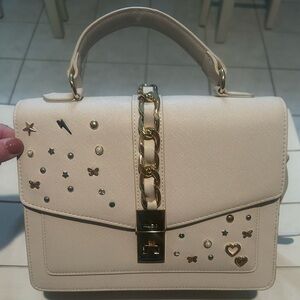 Aldo Cream Top-Handle Satchel with Gold Chain and Stud Accents